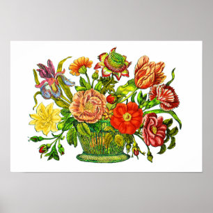 Summer Flowers in een mandje,  kunst Poster