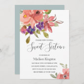 Summer Flowers Peach Sweet 16 Birthday Invite Kaart (Voorkant / Achterkant)