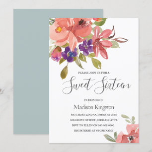 Summer Flowers Peach Sweet 16 Birthday Invite Kaart