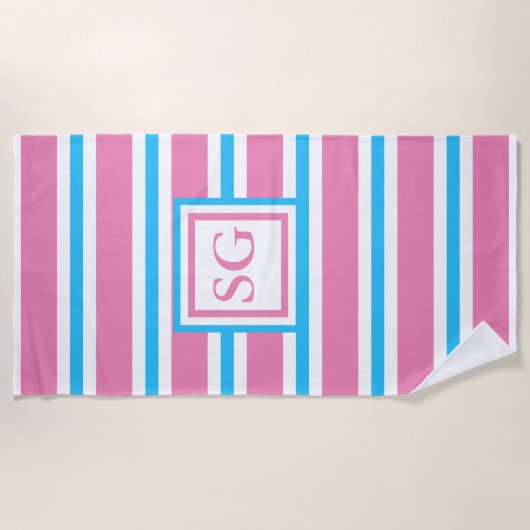 Summer Fun Pink en Turquoise Striped Monogram Strandlaken (Voorkant)