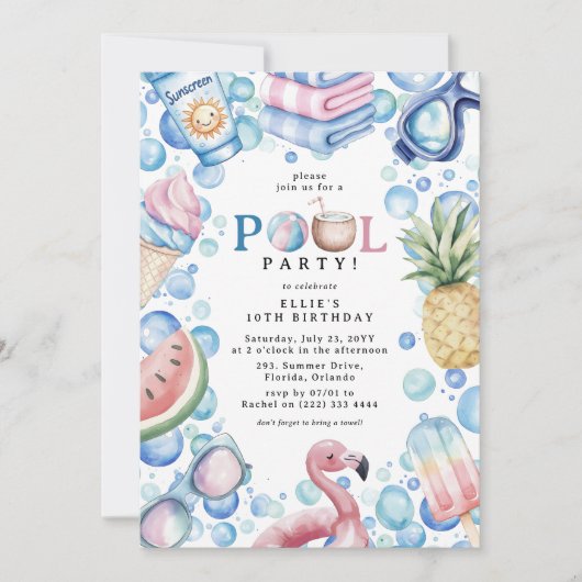 Summer Fun Pool Party Birthday Kaart (Voorkant)