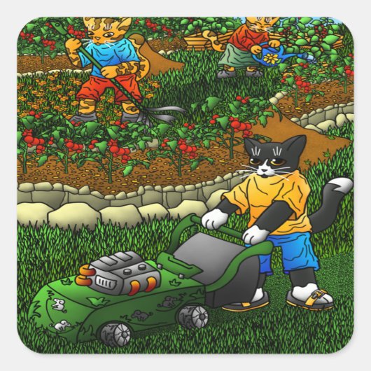 Summer Gardening Cats Vierkante Sticker (Voorkant)