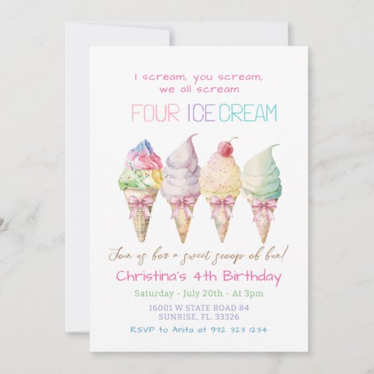 Summer Girl Ice Cream 4th Birthday Invitation (Devant)