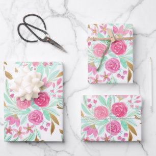 Summer Gold Pink Blauwgroen Waterverf Flowers Patr Inpakpapier Vel