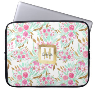 Summer Gold Pink Blauwgroen Waterverf Flowers Patr Laptop Sleeve
