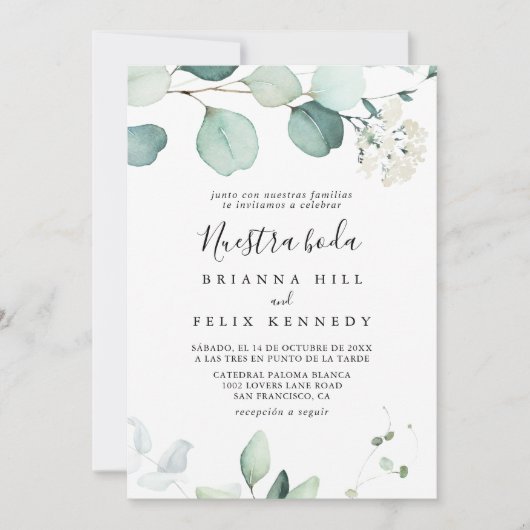 Summer Green Eucalyptus Nuestra Boda Wedding Kaart (Voorkant)
