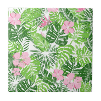 Summer Green Tropical Leaves Pink Floral Pattern Tegeltje