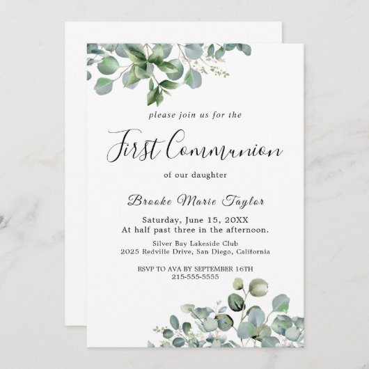 Summer Greenery eerste communie uitnodiging (Voorkant / Achterkant)