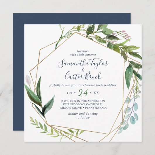 Summer Greenery Geometric Square Wedding Kaart (Voorkant / Achterkant)