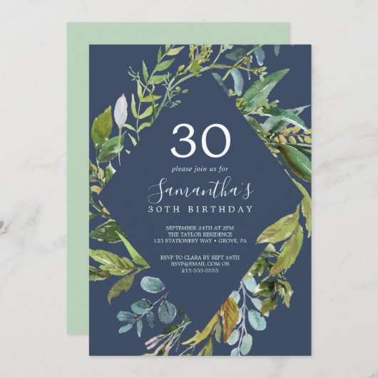 Summer Greenery Navy Diamond Wreath 30th Birthday Kaart (Voorkant / Achterkant)