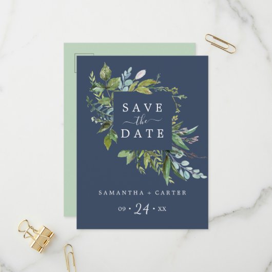 Summer Greenery | Navy Save the Date Briefkaart (Voorkant / Achterkant in situ)