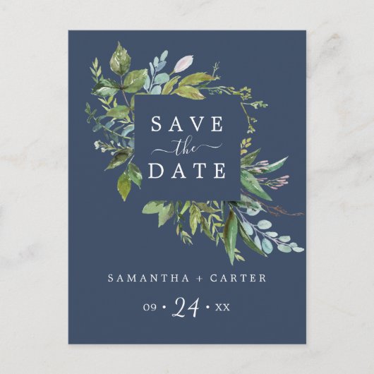 Summer Greenery | Navy Save the Date Briefkaart (Voorkant)