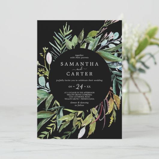 Summer Greenery | Uitnodiging voor Casual zwarte w (Staand voorkant)