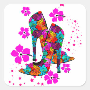 Summer High Hiel Shoes Hot Pink Flowers Vierkante Sticker