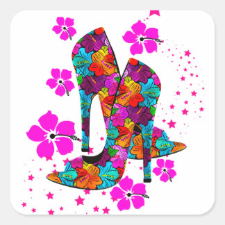 Summer High Hiel Shoes Hot Pink Flowers Vierkante Sticker