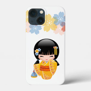 Summer Kokeshi Doll - Yellow Kimono Geisha Girl iPhone 13 Mini Hoesje