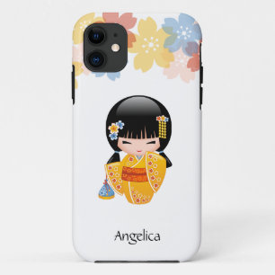 Summer Kokeshi Doll - Yellow Kimono Geisha Girl iPhone 11 Hoesje