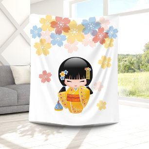 Summer Kokeshi Doll - Yellow Kimono Geisha Girl Fleece Deken