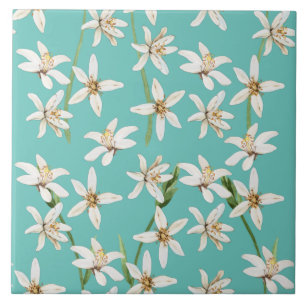 Summer Lemon blossom seamless pattern on teal Tegeltje