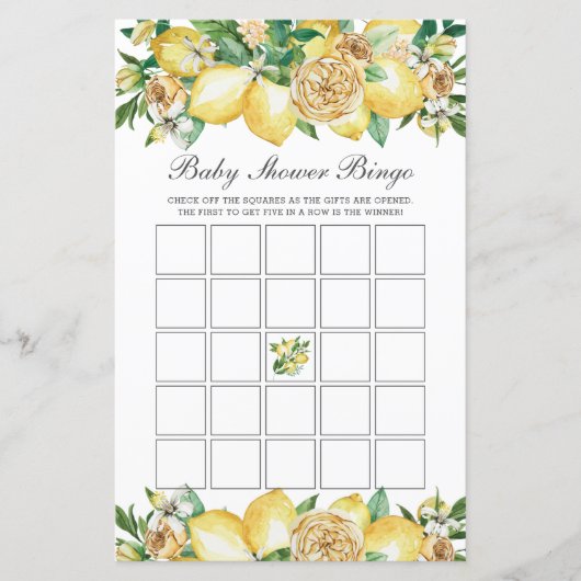 Summer Lemon Floral Baby shower Bingo Party Game (Voorkant)