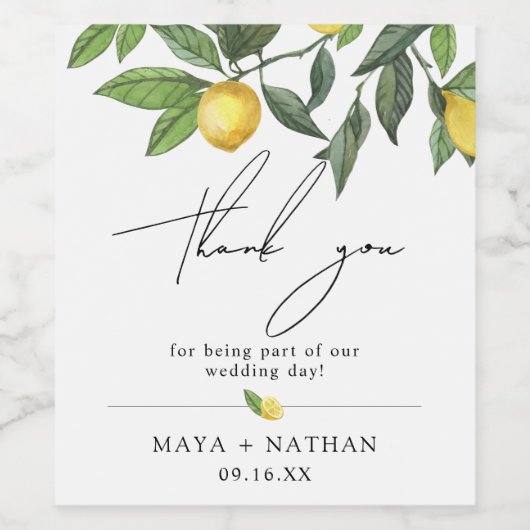 Summer Lemon Greenery Dank je bruiloft Wijn Etiket (Enkel label)