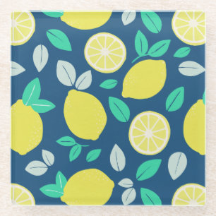 Summer Lemon Pattern in Navy Blue Glazen Onderzetter