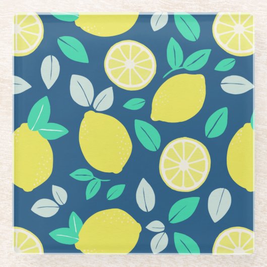 Summer Lemon Pattern in Navy Blue Glazen Onderzetter (Voorkant)