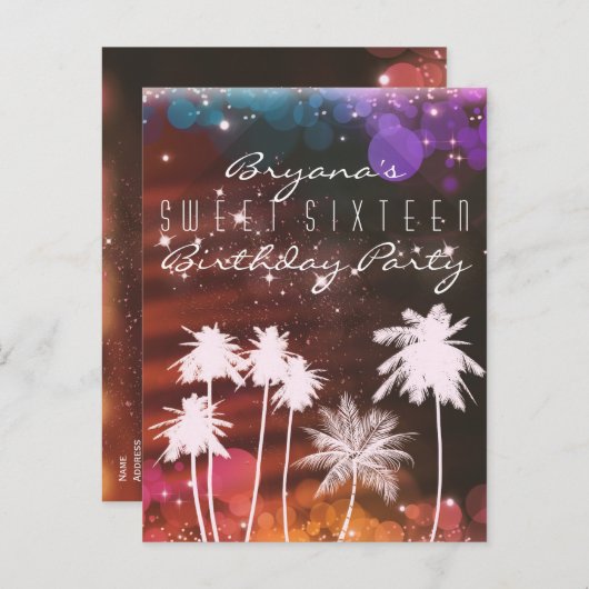 Summer Lights Sparkle Palm Trees Party Invitation Uitnodiging Briefkaart (Voorkant / Achterkant)