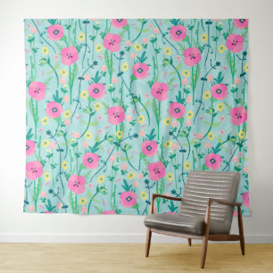 Summer Meadow Floral Natuur Blauwgroen Illustratie Wandkleed