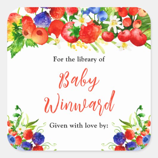 Summer Mixed Berries Baby Shower Bookplate Vierkante Sticker (Voorkant)