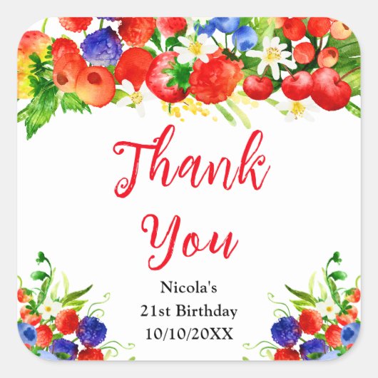 Summer Mixed Berries Birthday Thank You Vierkante Sticker (Voorkant)