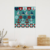 Summer Nautical Theme Anchors Sail Boats Helms Poster (Keuken)