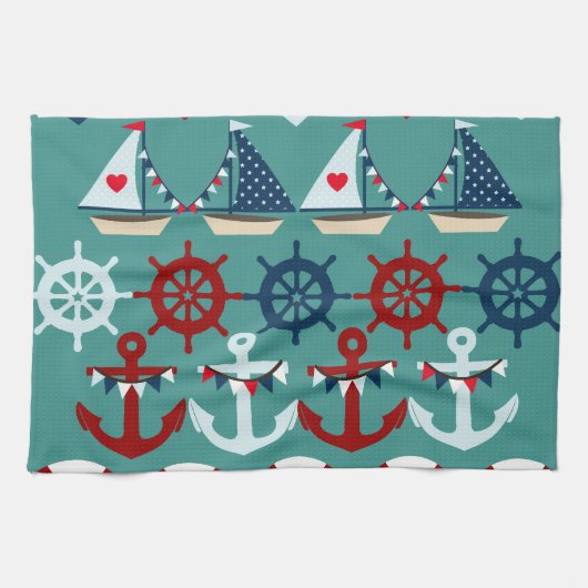 Summer Nautical Theme Anchors Sail Boats Helms Theedoek (Horizontaal)
