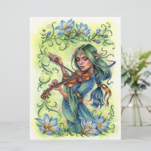 Summer Night Fiddler Fairy Elf Violin Art Kaart (Staand voorkant)