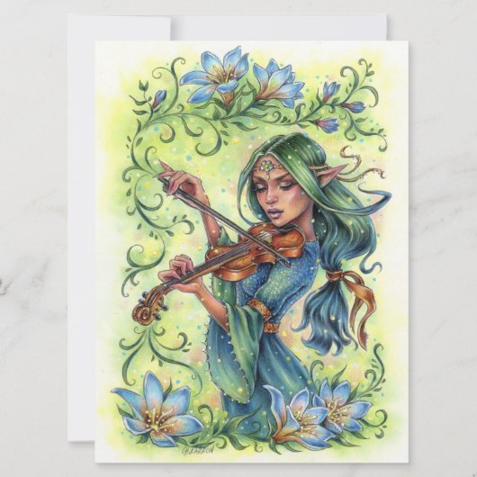 Summer Night Fiddler Fairy Elf Violin Art Kaart (Voorkant)