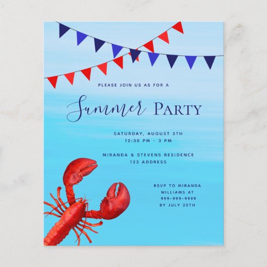 Summer party kreeft blauw zee budget uitnodiging (Voorkant)