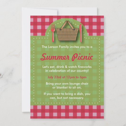 Summer Picnic Gingham Invitations Kaart (Voorkant)