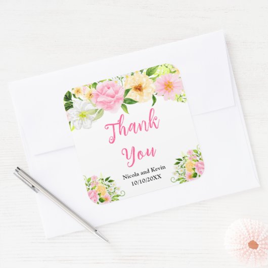 Summer Pink and Yellow Flowers and Foliage Vierkante Sticker (Envelop)