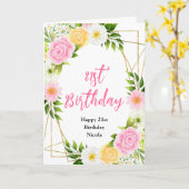 Summer Pink and Yellow Flowers Birthday Kaart (Gele Bloem)