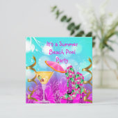 Summer Pink Blauwgroen Beach Pool Party Kaart (Staand voorkant)