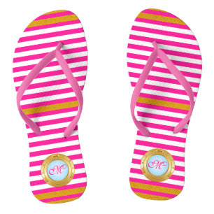 Summer Pink Gold Stripes Monogrammed Beach Teenslippers