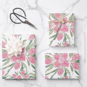 Summer Pink Green Waterverf Blooming Flowers Inpakpapier Vel