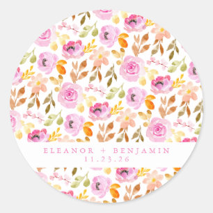 Summer Pink Waterverf Floral Custom Wedding Ronde Sticker