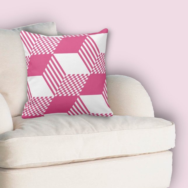 Summer Pink & White Stripe Diamond Checker Kussen (Summer Pink & White Stripe Diamond Checker Pattern Throw Pillow)