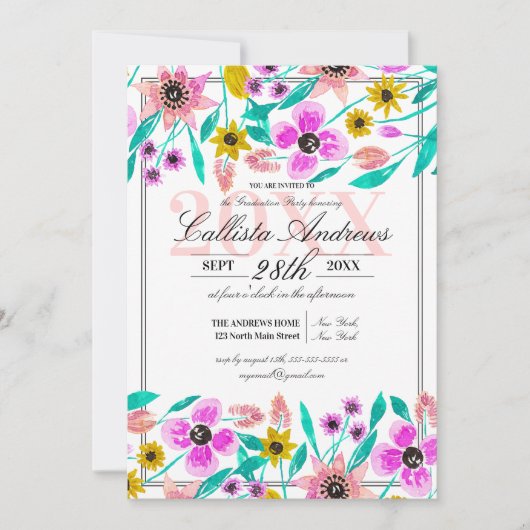 Summer Pink Yellow Floral Waterverf Afstuderen Kaart (Voorkant)