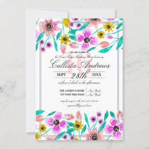 Summer Pink Yellow Floral Waterverf Sweet 16 Kaart