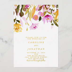 Summer Pink Yellow Floral Wedding Gold Folie Uitnodiging
