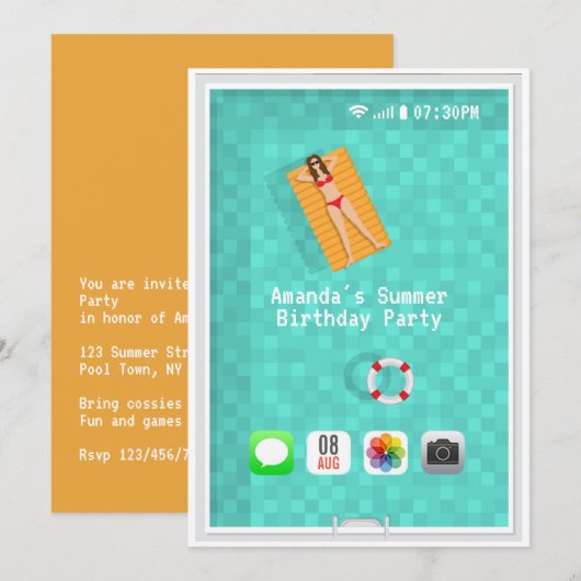 Summer Pool Birthday Party Invitation Kaart (Voorkant / Achterkant)