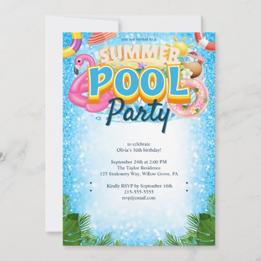 Summer Pool Party 30th Birthday Invitation Kaart (Voorkant)
