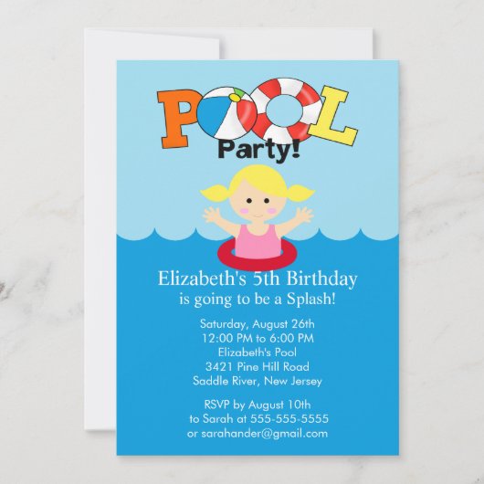 Summer POOL Party Birthday Invitation Blonde Girl Kaart (Voorkant)